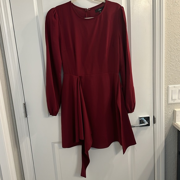 Lulu’s wine red skater dress with front tie wrap and long sleeves mid thigh - Picture 13 of 14